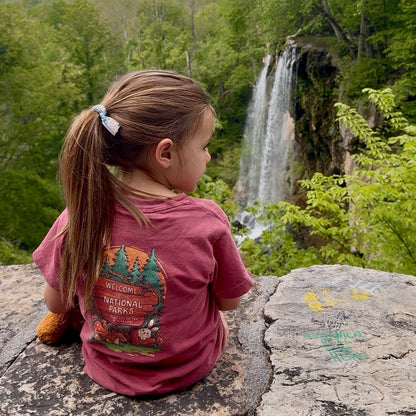 Child sitting on a rock overlooking a waterfall in a national park