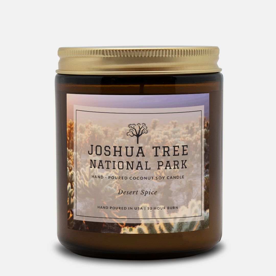 Joshua Tree National Park Desert Spice CandleBring home the smell of the most beautiful places on earth, with these 9 oz coconut soy wax hand-poured National Park candles. These National Park Amber Jar Candles 