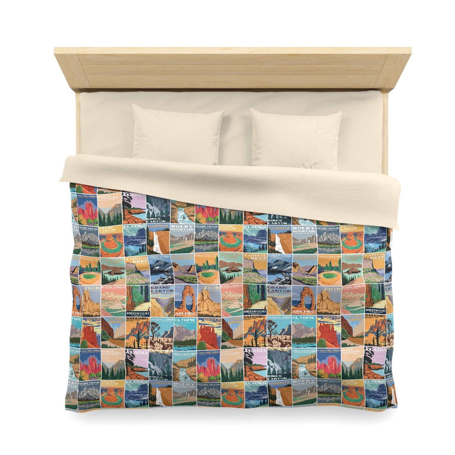 National Parks Microfiber Duvet CoverCozy up and remember all your favorite memories from your National Park adventures with this vintage styled National Park posters duvet cover for a deep and relaxing