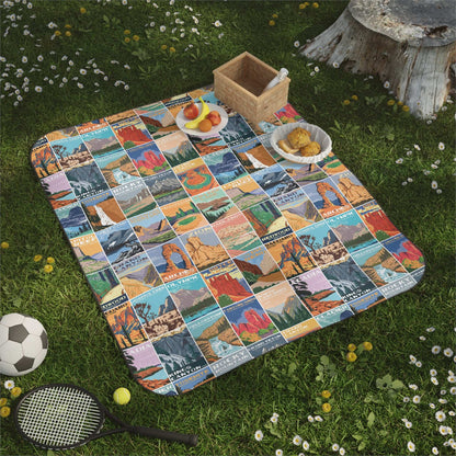National Parks Microfiber Picnic BlanketStay dry and comfy on all your National Park adventures with this vintage styled National Park posters picnic blanket. Inspired by vintage advertisements, this picni