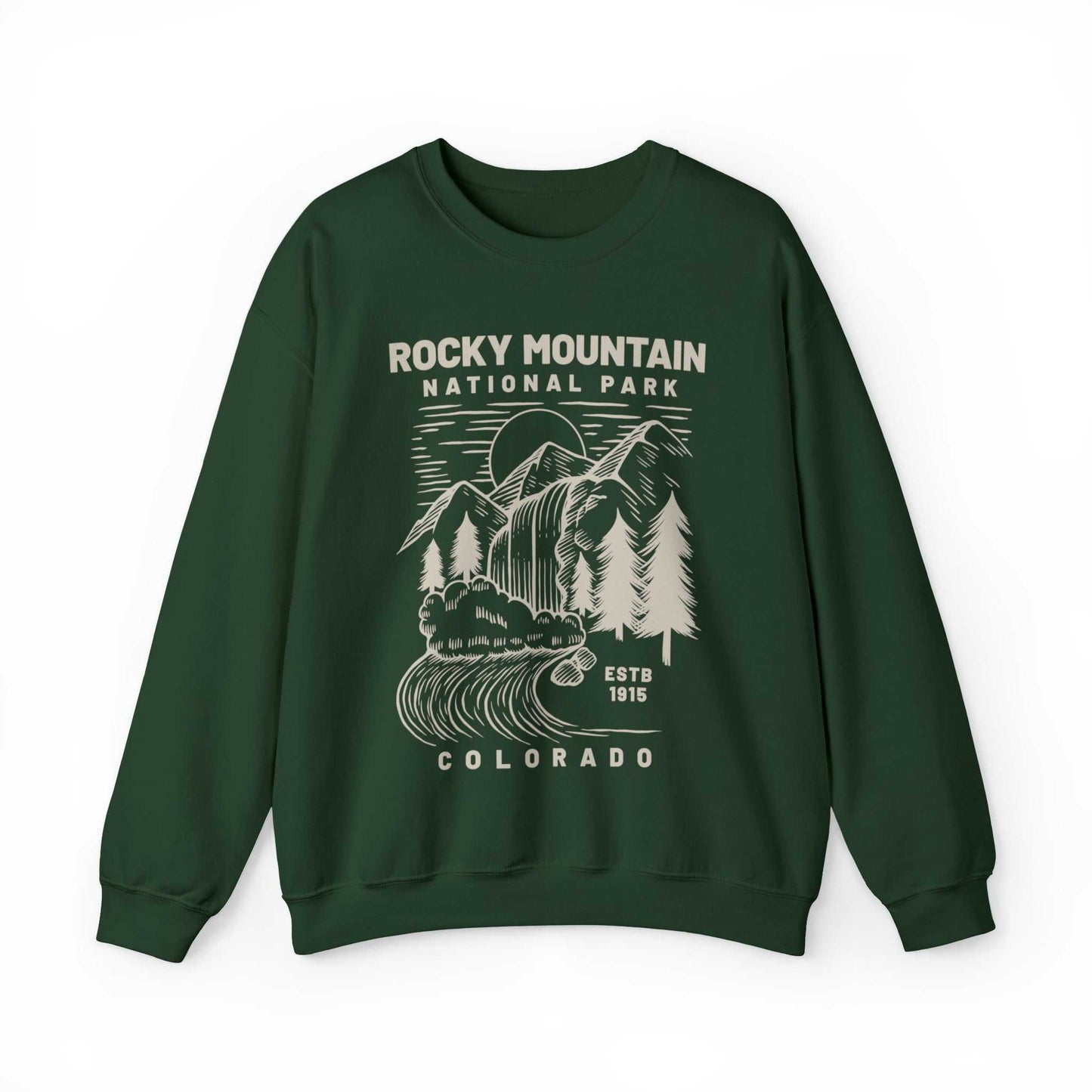 Rocky Mountain National Park SweatshirtBring the beauty of Rocky Mountain National Park of Colorado into your wardrobe with this simple waterfall and mountain landscape cozy and comfy crewneck sweatshirt 