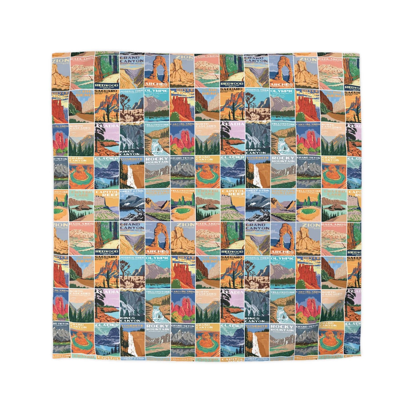 National Parks Microfiber Duvet CoverCozy up and remember all your favorite memories from your National Park adventures with this vintage styled National Park posters duvet cover for a deep and relaxing