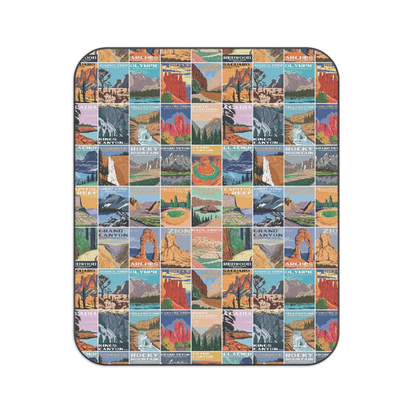 National Parks Microfiber Picnic BlanketStay dry and comfy on all your National Park adventures with this vintage styled National Park posters picnic blanket. Inspired by vintage advertisements, this picni