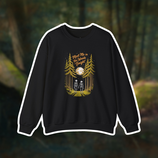 Meet Me in the Woods sweatshirt featuring two skeletons under a full moon and pine trees, perfect for spooky season.