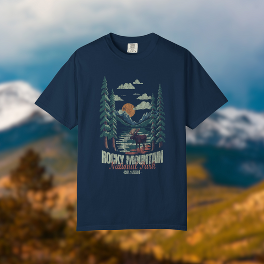 Rocky Mountain National Park Moose Tee featuring a colorful mountain and waterfall design on a navy t-shirt.