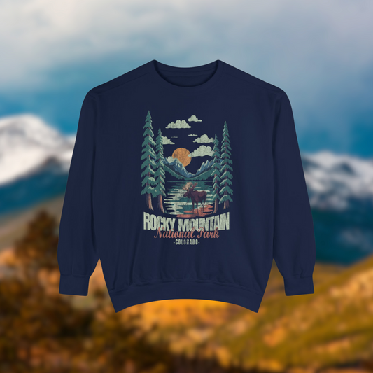 Rocky Mountain National Park Moose Crewneck featuring a mountain landscape and sunset design.