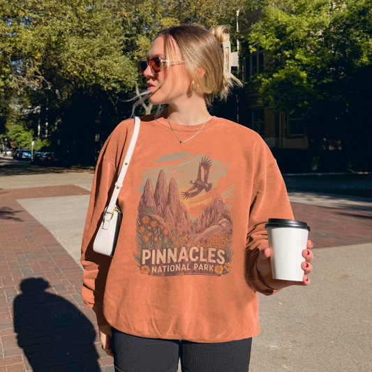 Pinnacles National Park Crewneck Sweatshirt worn by a stylish person holding a coffee cup in a sunny urban environment.