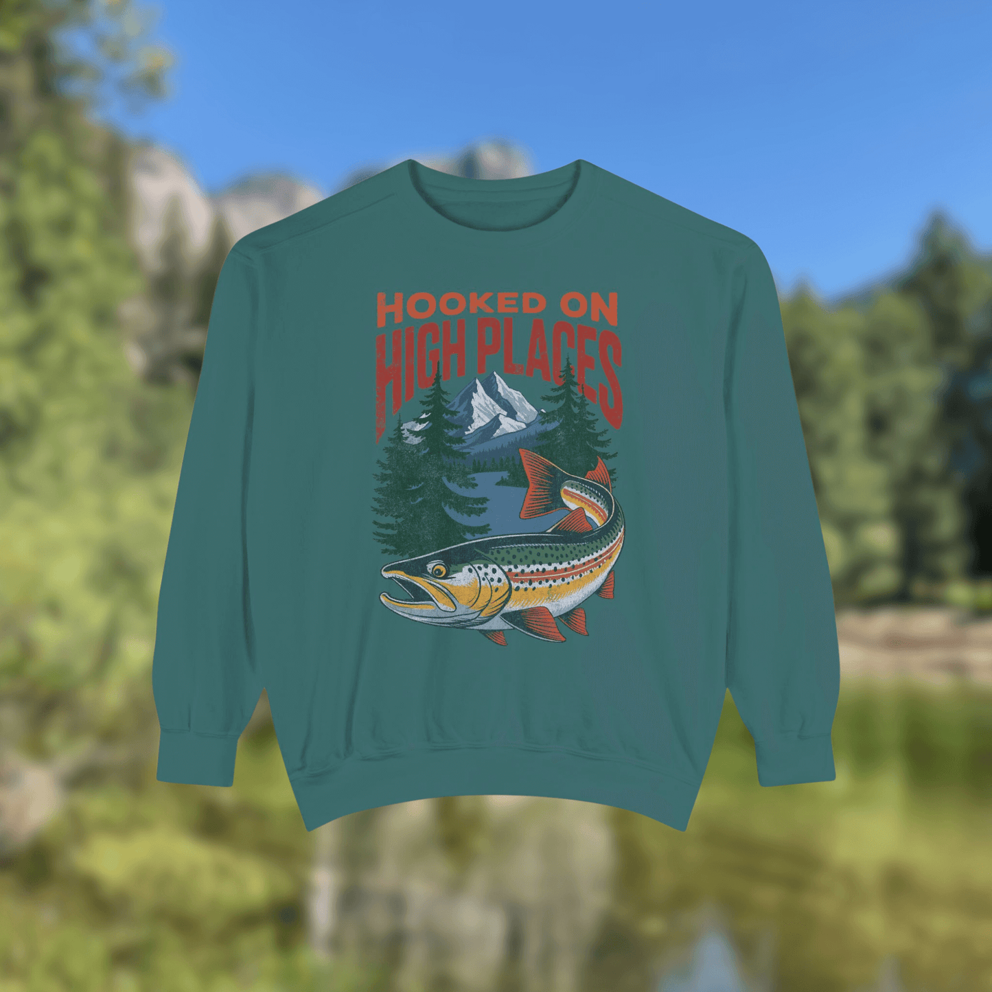 high places trout crewneck sweatshirt featuring vintage trout and mountain design in a natural setting.