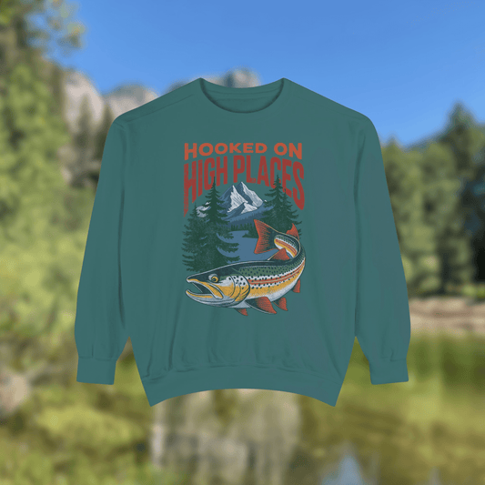 high places trout crewneck sweatshirt featuring vintage trout and mountain design in a natural setting.