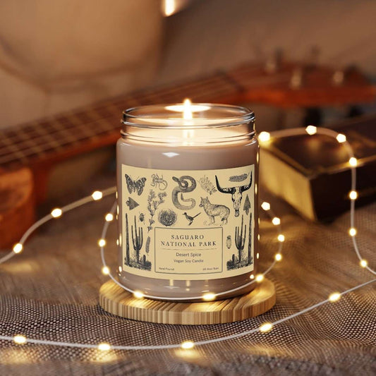 Saguaro National Park Hand-Poured Soy CandleThe Saguaro National Park Desert Spice scented candle comes in 9 oz jars and brings the desert breeze and blooms of Saguaro National Park into your home.
Details:
- 
