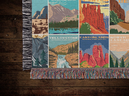 National Park Woven BlanketSnuggle up your little one with this National Park adventures baby blanket. Inspired by vintage National Park posters. The colors are gender neutral and a perfect ad